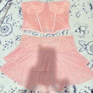 2 piece set- sheer cherry pink lace corset top and cherry pink skirt 🍒